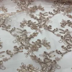 1 Yard Mauve Corded Sequin Lace Mesh Fabric with Double Scalloped Edge 54&rdquo; Wide