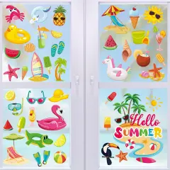 9 Sheets Summer Window Clings, Double Sided Summer Window Clings for Glass Windows, Hello Beach Decals, Sun Watermelon Pattern Stickers for Home Office Accessories Decorations