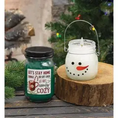 Snowman Head Candle with Peppermint Candy Scent 6oz Glass Jar with Handle