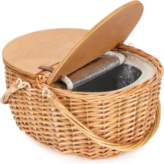 Wicker Picnic Basket with Cooler, Wooden Split Lid Picnic Basket, Vintage-Style Wicker Picnic Hamper with Folding Woven Handle