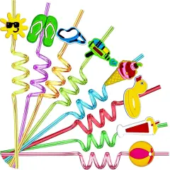 24 Pieces Beach Theme Reusable Shape Straws, Drink Straws Beach Ball Pool Summer Birthday Party Favor Decorations