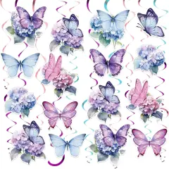 34Pcs Spring Butterfly Floral Hanging Swirls Decoration Butterfly Purple Blue Flower Party Streamer Hanging Ceiling for Spring