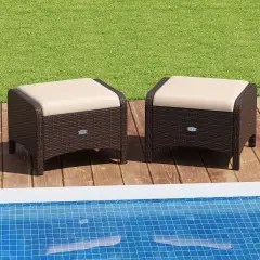 2 Pieces Patio PE Wicker Ottomans with Removable Cushions and Metal Frame Beige