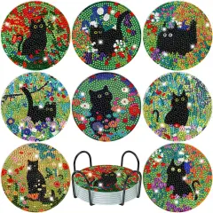 8 Pcs Black Cat Coaster Kits With Holder - Cats