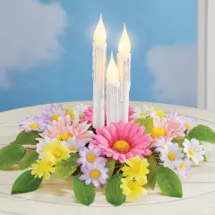 Collections Etc LED Lighted Candles Colorful Daisies Centerpiece