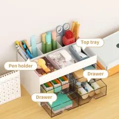 Pen Organizer with 4 Drawer, Multi-Functional Pencil Holder for Desk, Desk Organizers and Accessories with 4 Compartments + Drawer for Office Art Supplies (White)