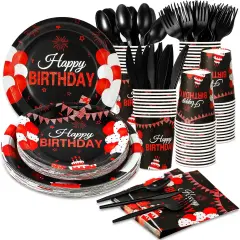 168 Pcs Black and Red Birthday Party Supplies Tableware Set Happy Birthday Plates, Knife,Forks,Spoons, Cups and Napkins Table Decorations for Women Girls Birthday Party Decorations, 24 Guests