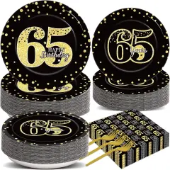 200Pcs 65th Birthday Party Supplies Happy 65th Birthday Gold Black Tableware Dinnerware Set 65 Years Old Plates and Napkins