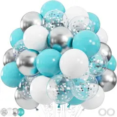 100pcs Teal Blue White Silver Confetti Latex Balloons