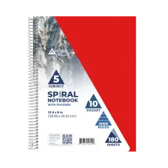 Spiral Notebook 5-Subject Wide-Ruled &ndash; 180 Sheets &ndash; 24 Ct