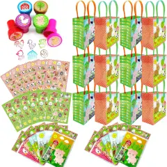 Tiny Mills Barnyard Animals Birthday Party Assortment Favor Set 108 pcs (12 Large Party Favor Treat Bags with Handles, 24 Self-Ink Stamps for Kids, 12 Sticker Sheets, 12 Coloring Books, 48 Crayons)