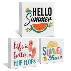 Summer Decor for Home Hello Summer Tiered Tray Decor 3 Pcs Wood Decorative Signs Table Desk Shelf Decoration