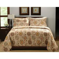Multi Color Cotton Retro Floral Moon Medallion Reversible Quilt Set