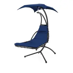 Polyester Hammock Chair Porch Swing with Canopy and Cushion Navy Blue