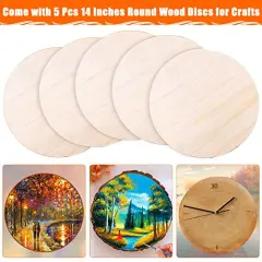5 Pieces Round Wood Discs for Crafts, Audab14 Inch Wood Circles Unfinished Wood Rounds Plaque for Door Hanger, Door Design, Wood Burning