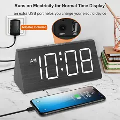 Wooden Digital Alarm Clocks for Bedrooms - Electric Desk Clock with Large Numbers, USB Port, Battery Backup Alarm, Adjustable Volume, Dimmer, Snooze, DST, 12/24H, Wood D&eacute;cor (Black)