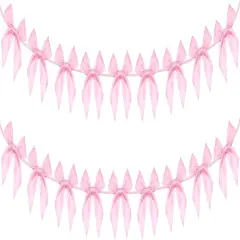 2pcs Pink Bow Garland Banner, Pink Ribbon Bow Party Decorations for Baby Shower Girls Bow Coquette Birthday Party Decor