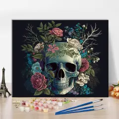 Skull Paint by Numbers, Beautiful Flowers Paint by Numbers, Skull with Flowers Painting Kit with Brushes and Pigment, DIY Oil Painting Kit for Wall Decor, 16x20 Inch
