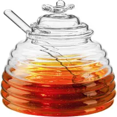 Honey Jar with Dipper and Lid, Honey Bee Pot, 17oz Glass Beehive Honey Pot for Home Kitchen