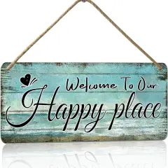 Welcome To Our Happy Place Sign Personalized Front Door Signs For Home Decor Wooden Hanging Sign Beach Signs Patio Wall Decor Summer Wood Porch Sign House Welcome Door Sign 6x12 Inch