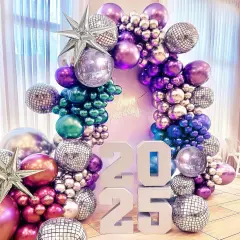 Metallic Balloon garland kit 135Pcs Disco Party decorations with Chrome Blue Red Purple Silver Disco ball balloons for 80s 90s Themed Birthday graduation 2025 grad Party eve Decorations