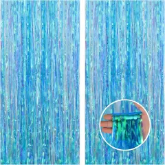 2 Pack 3.2x6.5 Feet Iridescent Foil Fringe Backdrop Curtains, Clear Blue Tinsel Photo Booth Props Streamers Party Decorations for Birthdays Mermaid Sea Frozen