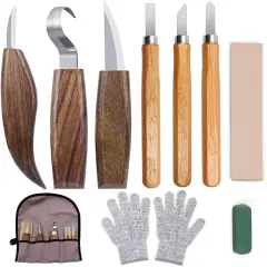 10Pcs Wood Carving Kit, Beginner Set With Resistant Gloves, Spoon & Whittling Knife, Sandpaper for Woodworking