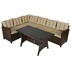 3 Pcs 6 Seats Rattan Dining Set Patio Furniture Sofa with Cushions