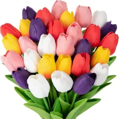 30PCS Summer Floral Arrangement &ndash; Artificial Tulip Flowers, Real Touch Faux PU Tulips for Table Centerpieces, Kitchen, Home Decor (Multi-Colors)