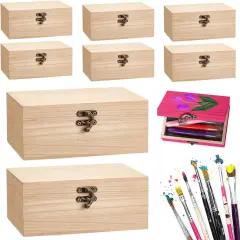 8 Pack Unfinished Wooden Boxes for Crafts, 8 x 4 x 2 Inch Wooden Box with Hinged Lid and Front Clasps