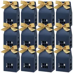 Wrapables House Shaped Gift Boxes with Ribbons for Weddings, Housewarming, Cookies, Candies, Treats, Party Favors (Set of 12), Blue