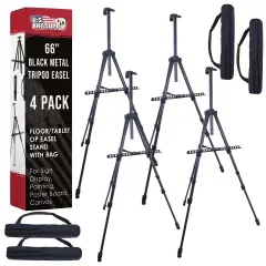 U.S. Art Supply 66" Black Metal Tripod Easel Display (4 Pack) - Adjustable 20"- 5.5', Holds 32" Canvas - Floor/Tabletop Easel Stand, For Sign Display, Painting, Poster Board, Canvas - Portable Bag