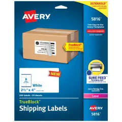 Avery Printable Blank Shipping Labels, 2.5" x 4", White, 200 Labels, Laser Printer, Permanent Adhesive (5816)