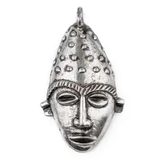 The Bead Chest Elongated African Silver Mask Pendant (50x90mm): Genuine West African Mask Design for DIY Jewelry & Necklaces