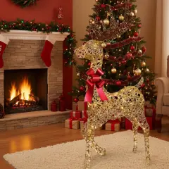 Pre-Lit Champagne Woven Reindeer 48" Tall Christmas Deer with 105 Warm LED Lights for Yard & Home