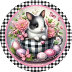 Black Check Easter Spring Bunny Teacup Sign