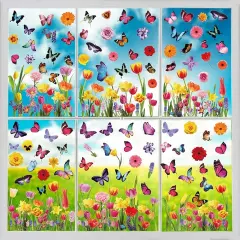 Spring Window Clings Stickers - Enchant Your Glass Windows with 127 Pieces on 9 Sheets - Tulip, Butterfly, and Flower Designs for a Colorful Home D&eacute;cor