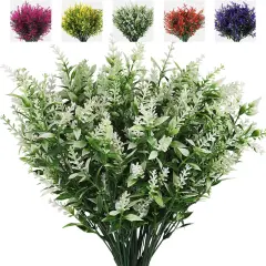 Artificial Plants Lavender, 8 Bundles Outdoor UV Resistant Greenery Fake Shrubs Simulation Plants Indoor Outside Hanging Planter Home Garden Decor (White)