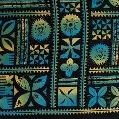 1 Yard Traditional Polynesian Tapa Design Fabric Peachskin, 100% Polyester, 45 Inches Width Aqua