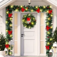 15ft Outdoor Christmas Garland with 100 Warm LED Pre-lit Artificial Christmas Garlands Decor Green Frosted
