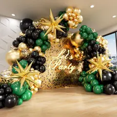 Green and Gold Black Balloon Arch Kit with 3pcs Star Balloon, Emerald Forest Dark Green Black Metallic Gold Balloons for Birthday Football Graduation Wedding New Years Party Decoration