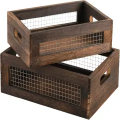Set of 2 Rustic Nesting Boxes, Wooden Organizer Crates Basket