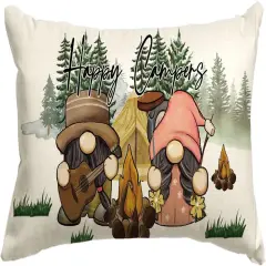 Happy Campers Throw Pillow Cover 12x20 Inch, Gnome Campfire Decoration for Home Sofa Couch