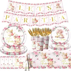 Girls Tea Party Birthday Supplies,Pink Floral Let&rsquo;s Partea Tableware Sets Include Tea Party Paper Plates and Napkins for Par Tea Baby Shower,Spring Wedding Birthday Party Decorations