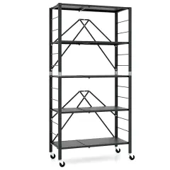 Black Metal Foldable Storage Shelf and Adjustable 5-Tier Shelves with Wheels