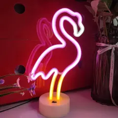 Flamingo Neon Sign with Holder Base, USB or 3-AA Battery Powered Neon Light, LED Desktop Decoration for Parties, Business Displays, and Summer Events (Multicolor)