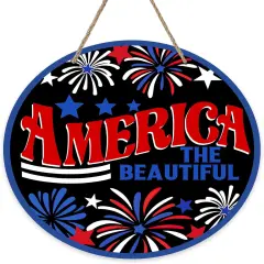 Patriotic American Fireworks Wood Door Hanger Outdoor Outside Porch Decor, USA Stars Wooden Wreath Indoor Wall Hanging Decoration