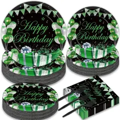 200PCS Green and Black Silver Party Tableware Set Confetti Sprinkles Green Birthday Plates Napkins Forks Table Decors for Men Women, 50 Guests
