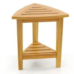 18 Inches Natural Wooden Waterproof Shower Stool with Storage Shelf and Slatted Design