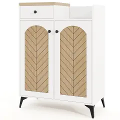 White Wooden 2-Door Shoe Rack Cabinet with 6 Removable Shelves and Side Drawer